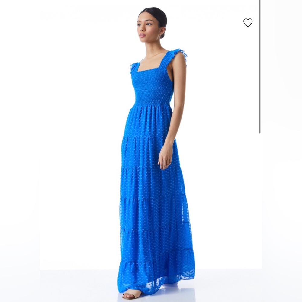 Alice+Olivia KIZZIE SMOCKED FLUTTER SLEEVE TIERED MAXI DRESS 6 Royal Blue Luxury